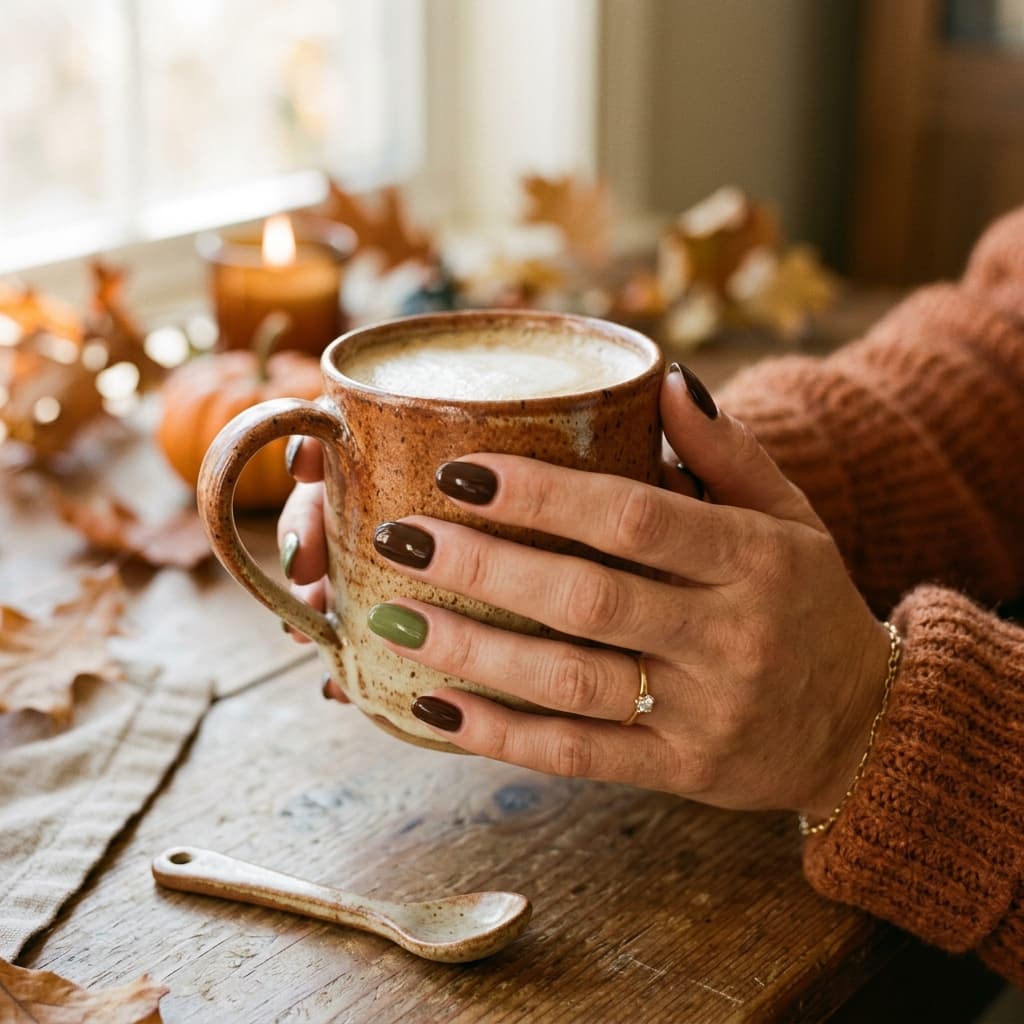 Nails painted in a rich, glossy chocolate brown tone holding a ceramic mug