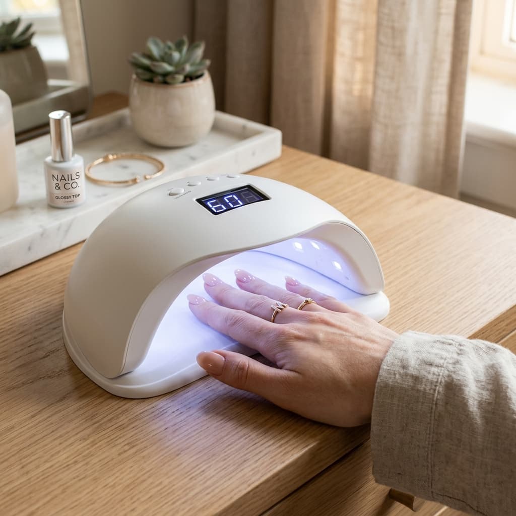 Woman curing gel nails under a UV LED lamp at home