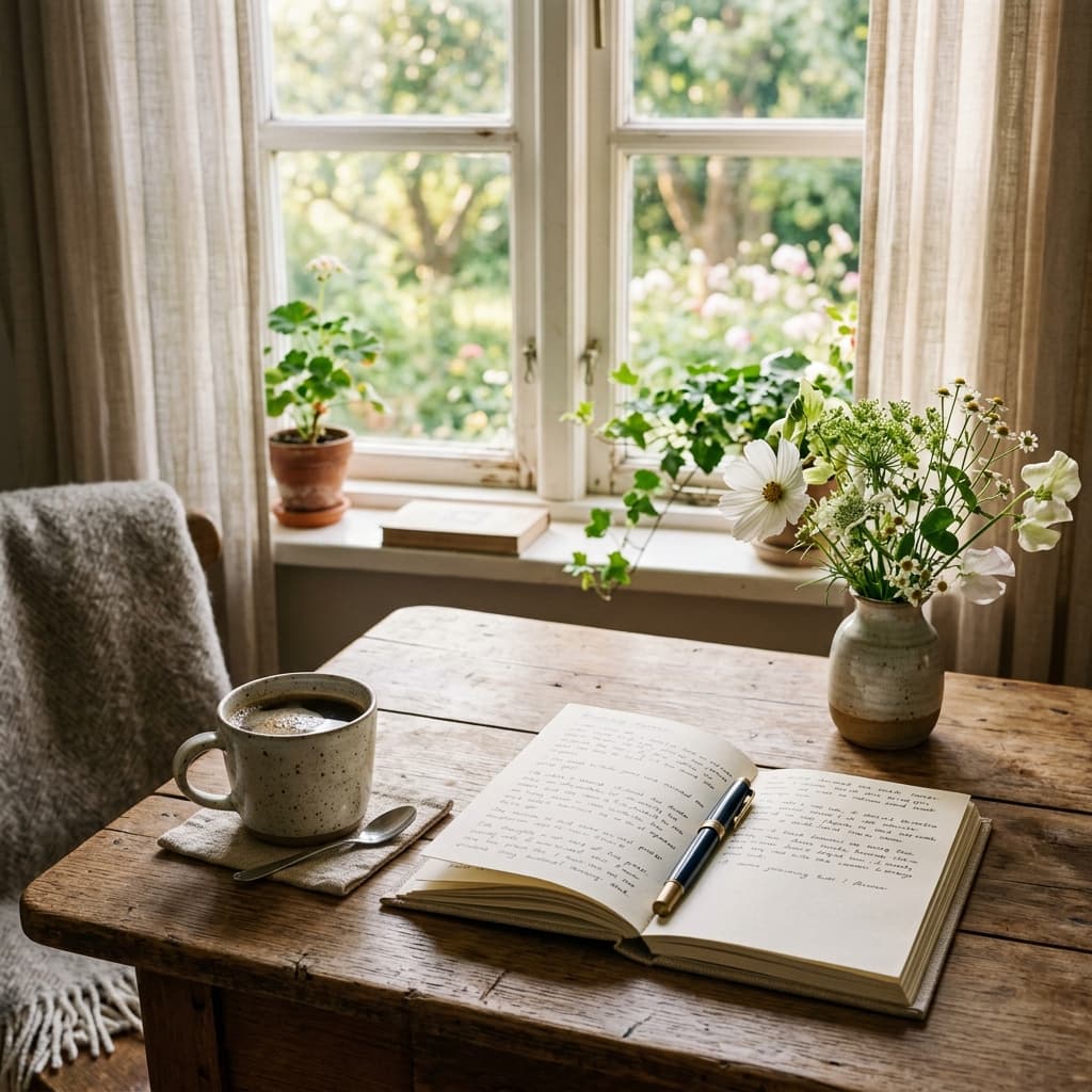 Serene morning scene with a journal, coffee, and sunlit window