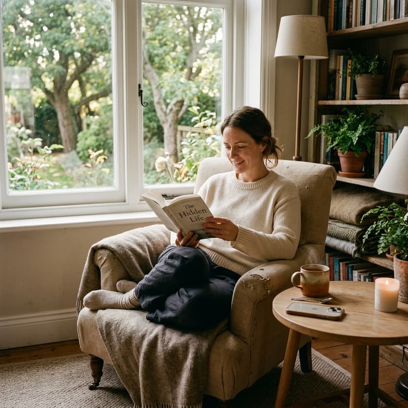 A calm woman sitting in a cozy armchair by a window, peacefully reading a book with a cup of tea on a side table. A phone lies face-down on the table, symbolizing disconnection and boundary-setting.
