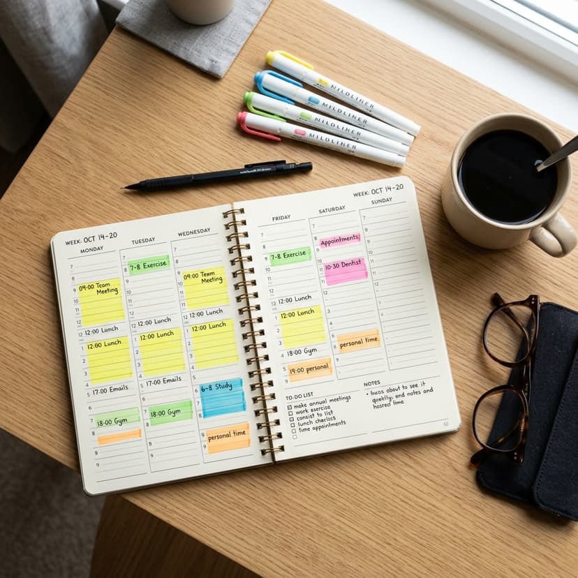 A top-down flat lay of a weekly planner showing time-blocked schedule with colored highlighter blocks. A mechanical pencil, colorful markers, a cup of black coffee, and a pair of reading glasses on a clean white desk.