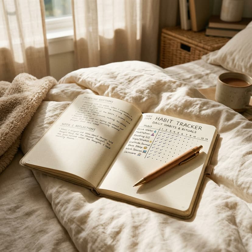 Breakfast with a morning journal on the table