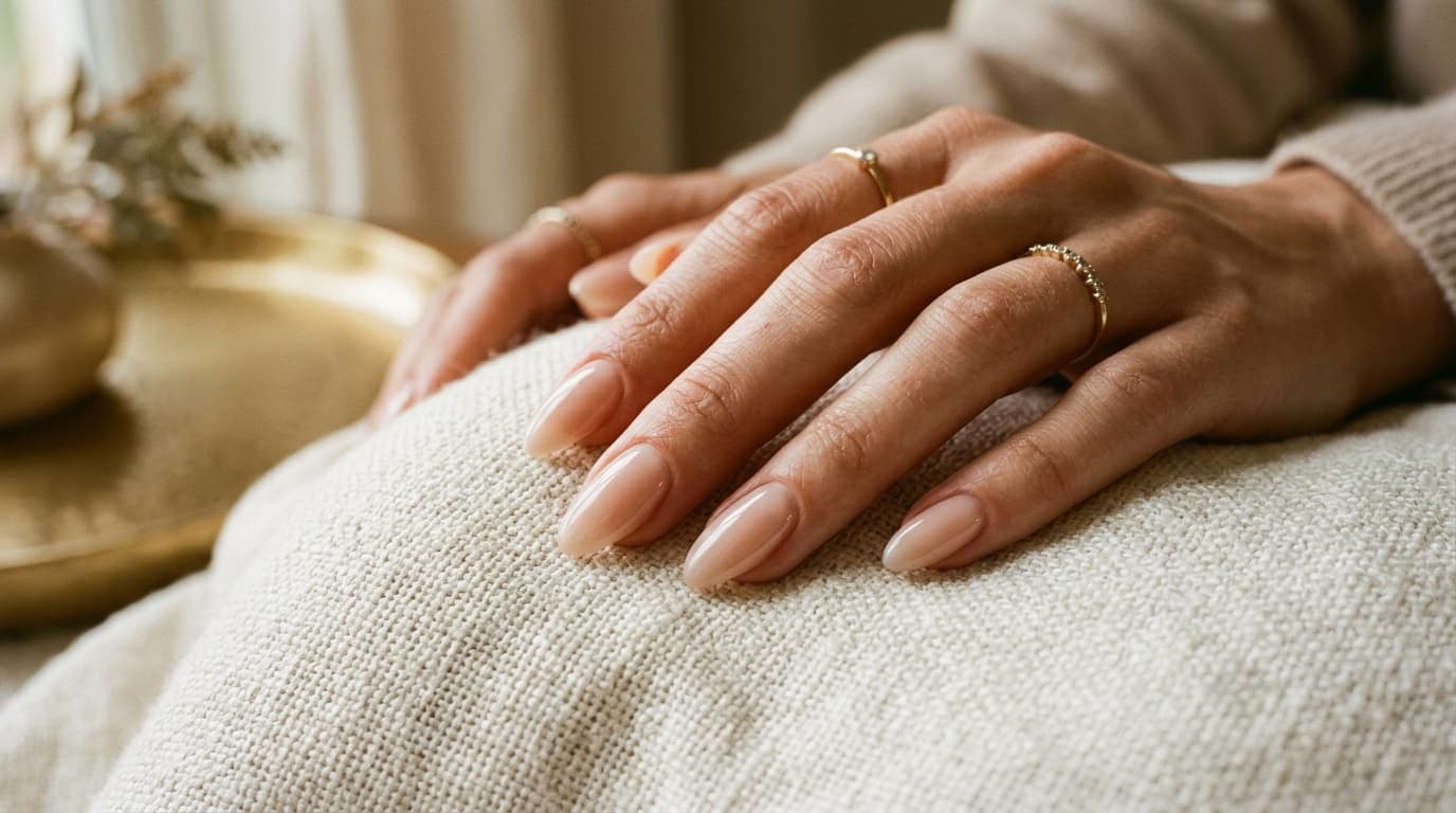 Woman with elegant natural almond-shaped builder gel BIAB nails on linen background