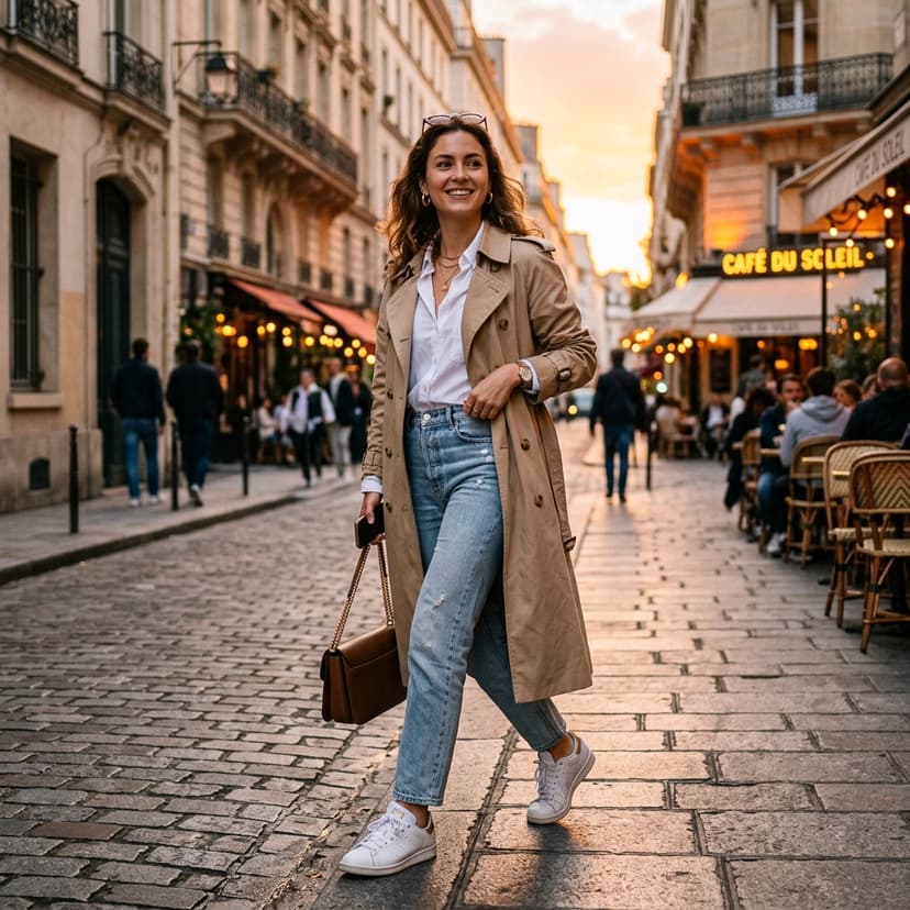 Flat lay of casual outfit pieces including linen pants, a white tee, and gold accessories