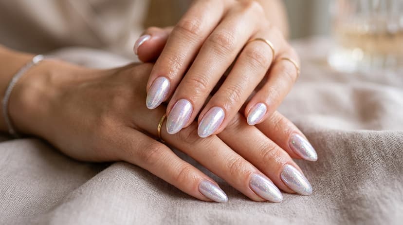 Close-up of hands with pearlescent glazed donut chrome nails with reflective iridescence