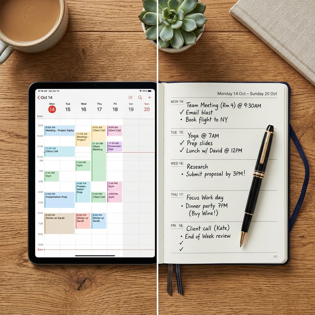 A split-screen flat lay on a wooden desk. On one side, a sleek modern tablet with a digital calendar app open. On the other side, an open physical paper planner with handwritten notes and a premium pen resting on it.