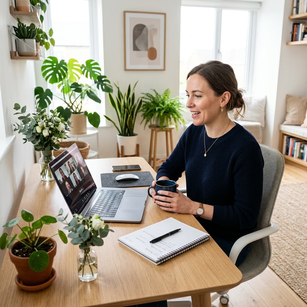 A professional woman working from home at a bright, organized home office desk. She is on a video call on her laptop, with a notebook and coffee beside her.