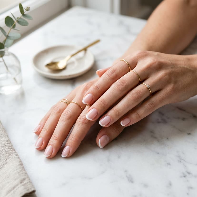 Elegant hands showing thin modern micro French tip nails