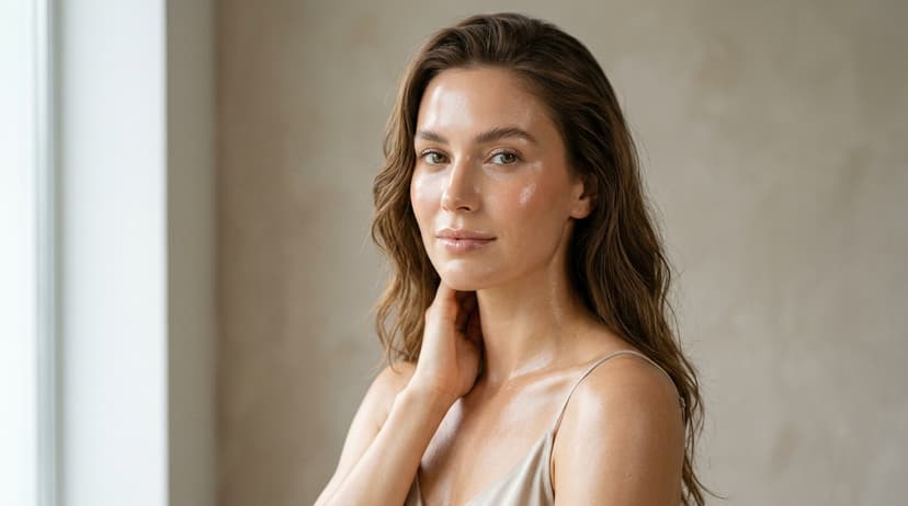 Portrait of a woman with radiant, luminous, intensely hydrated dewy glass skin