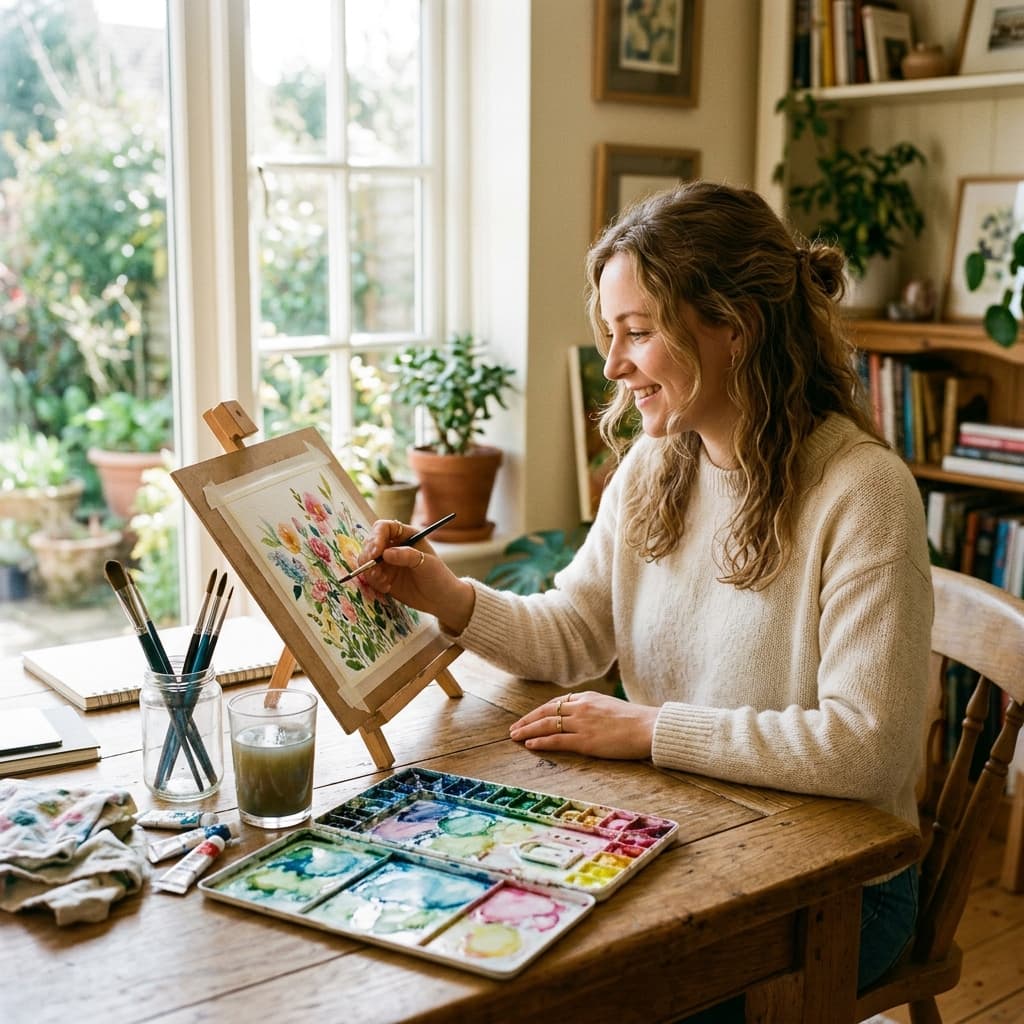 A woman sitting at a sunlit wooden table painting watercolors as a creative hobby. Art supplies spread on the table - brushes in a jar, a watercolor palette with bright colors, a glass of water.