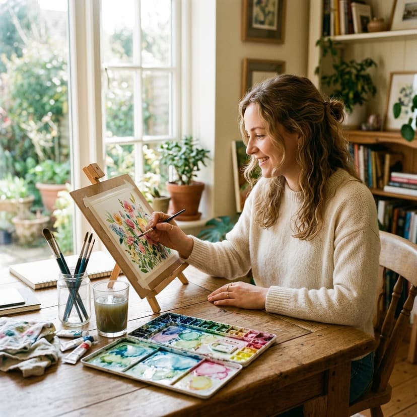 A woman sitting at a sunlit wooden table painting watercolors as a creative hobby. Art supplies spread on the table - brushes in a jar, a watercolor palette with bright colors, a glass of water.