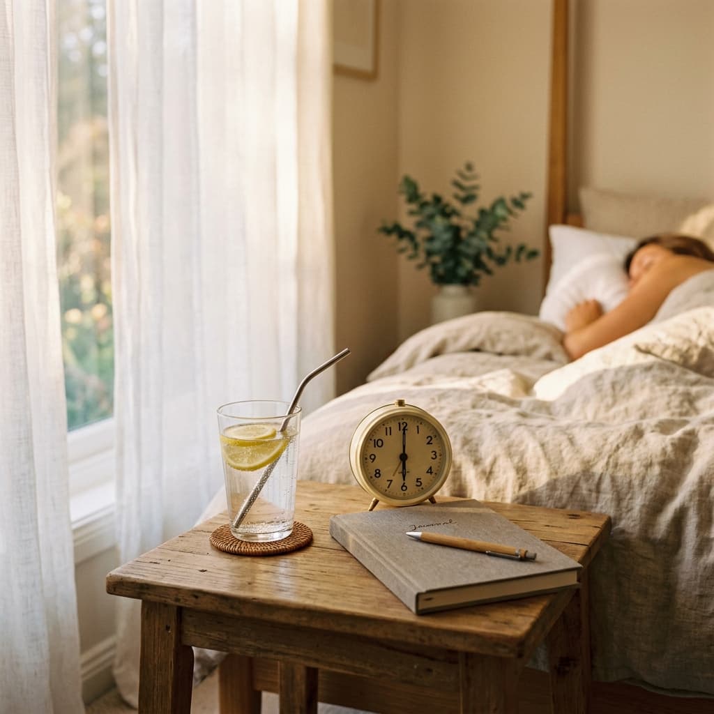 A serene early morning scene in a bright bedroom. A woman's bedside table with a glass of lemon water, a small journal with a pen, an alarm clock showing 6:30 AM, and soft morning sunlight filtering through sheer white curtains.