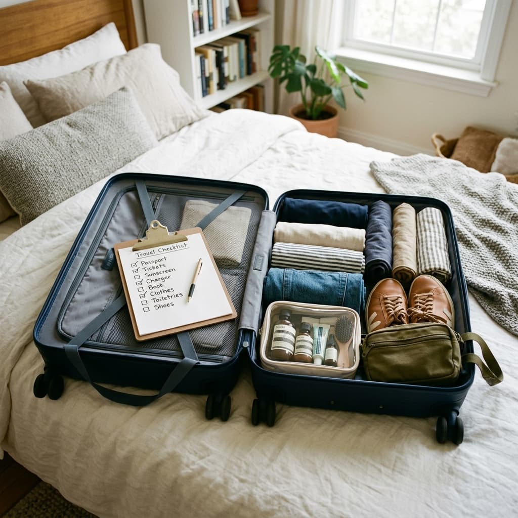 A neatly packed open suitcase on a bed, showing carefully rolled clothes, travel-size toiletries in a clear pouch, a packing checklist on a clipboard, comfortable shoes, and a small crossbody bag.