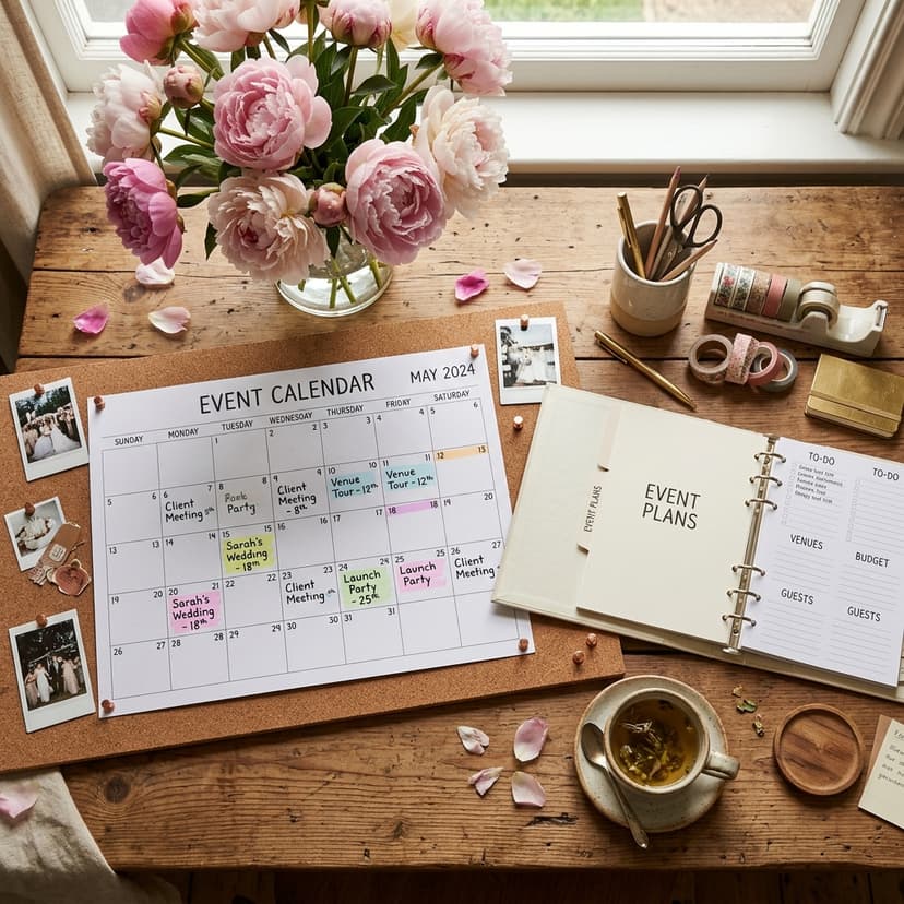 An aesthetic event planning flat lay on a wooden desk. A large monthly wall calendar pinned to a cork board, surrounded by a ring binder, colorful washi tape, a cup of herbal tea, and a vase of fresh peonies.