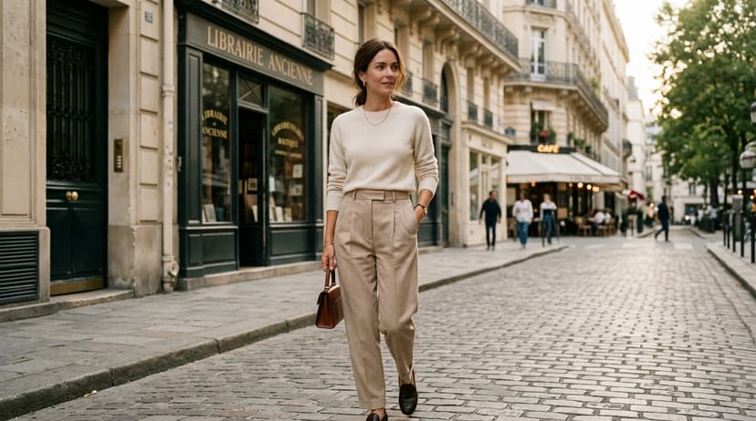 Chic woman wearing understated cream cashmere knit and high-waisted beige wool trousers in Paris