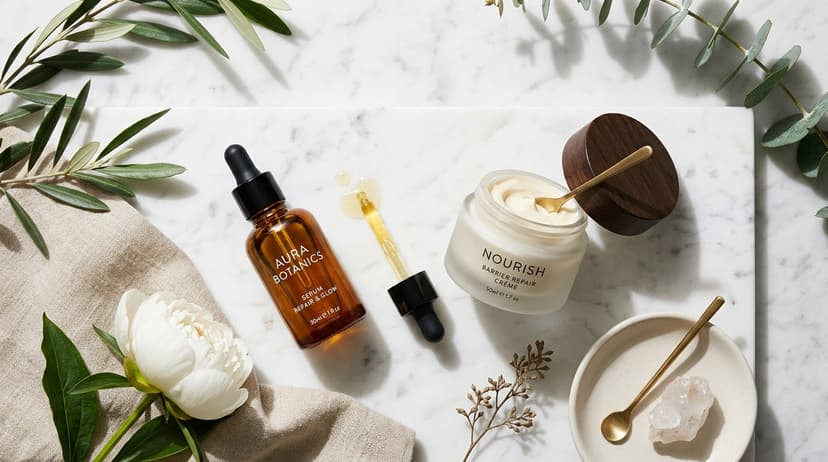 Aesthetic skincare flatlay with amber dropper bottle of retinol serum and barrier repair moisturizer