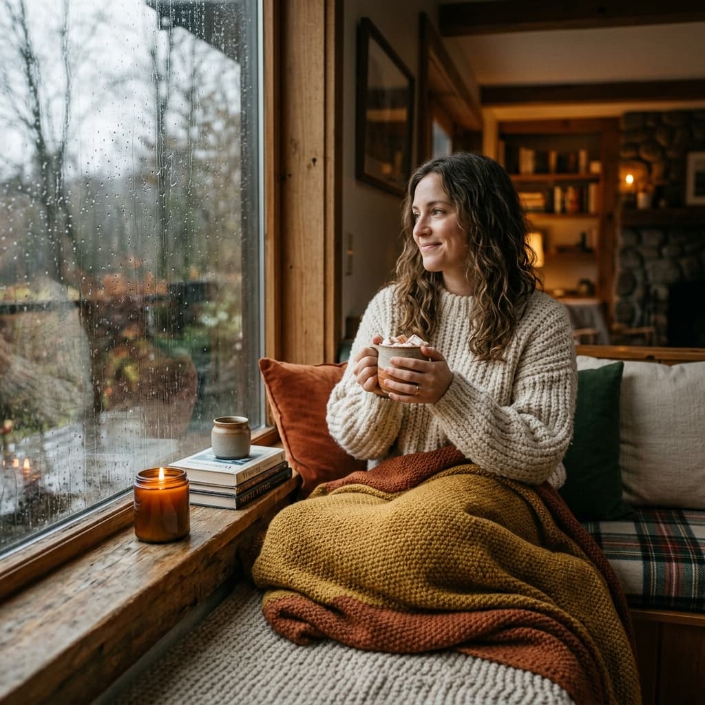 A cozy winter scene: woman in a chunky knit sweater sitting by a window on a rainy day, holding a warm mug of cocoa. A lit candle and a knitted throw blanket are nearby.