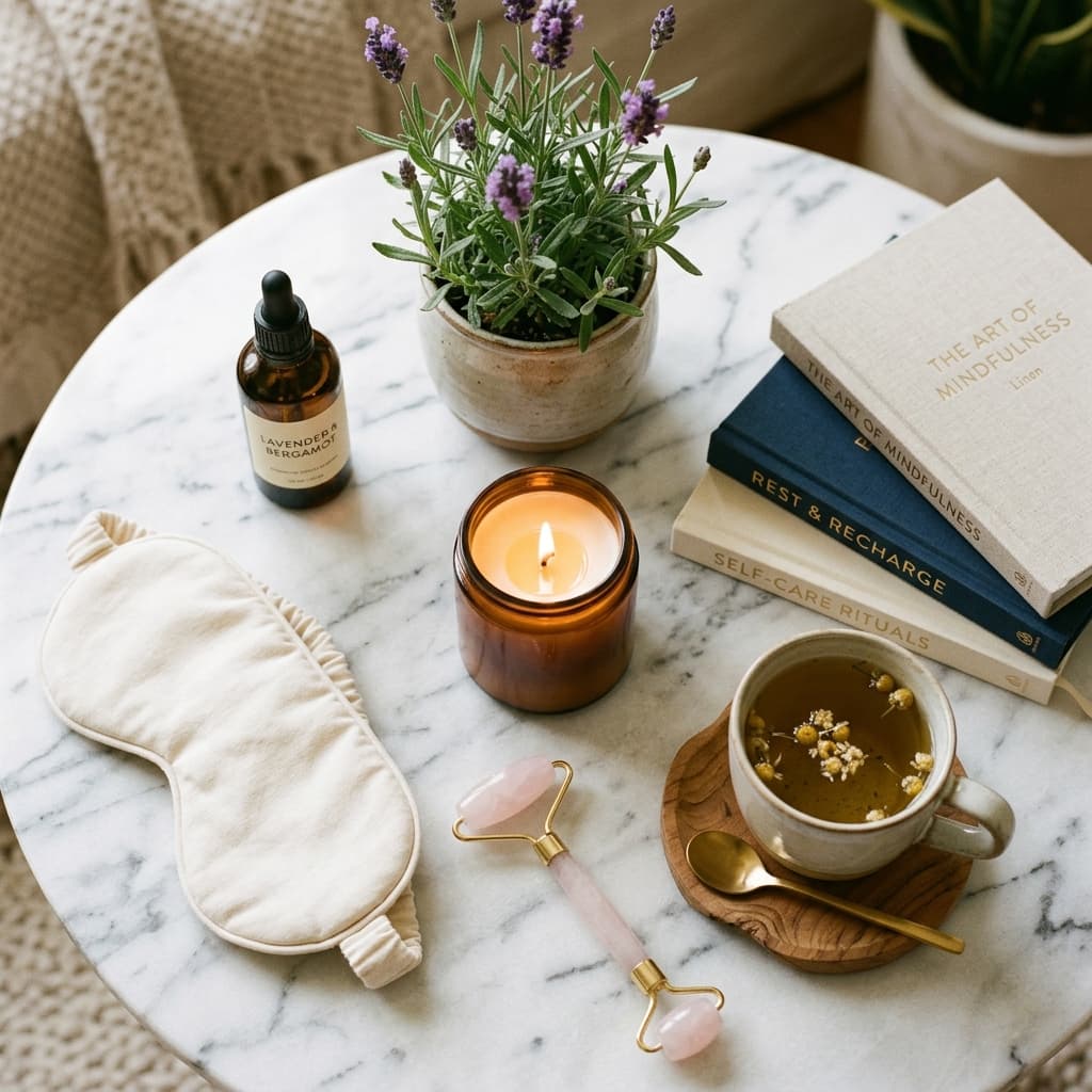 A calming self-care flat lay on a marble surface. A face roller, essential oil bottle, a small potted lavender plant, a scented candle burning, a cotton sleep mask, a cup of chamomile tea, and a small stack of wellness books.