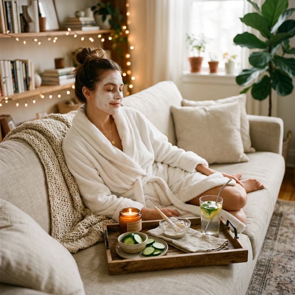 A relaxing staycation scene at home. A woman lounging in a fluffy white robe on a sofa with a tray of spa essentials: face mask, sliced cucumber, scented candle, and a glass of infused water.