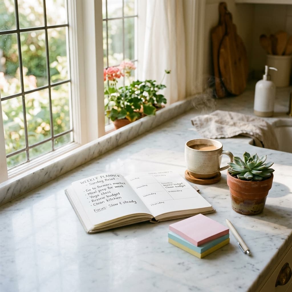 A cozy Sunday morning kitchen reset scene. Clean white marble countertop with a weekly planner open, a steaming cup of coffee, a small potted succulent, and a neatly organized stack of pastel sticky notes.