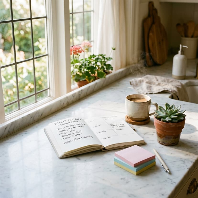 A cozy Sunday morning kitchen reset scene. Clean white marble countertop with a weekly planner open, a steaming cup of coffee, a small potted succulent, and a neatly organized stack of pastel sticky notes.