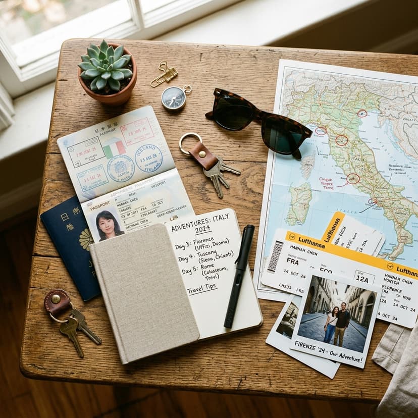 A travel planning flat lay on a wooden table. An open passport, a printed map with destinations circled, a small notebook with an itinerary, boarding passes, sunglasses, and a polaroid photo.