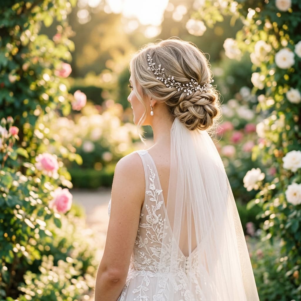 Romantic bridal updo with delicate floral accessories