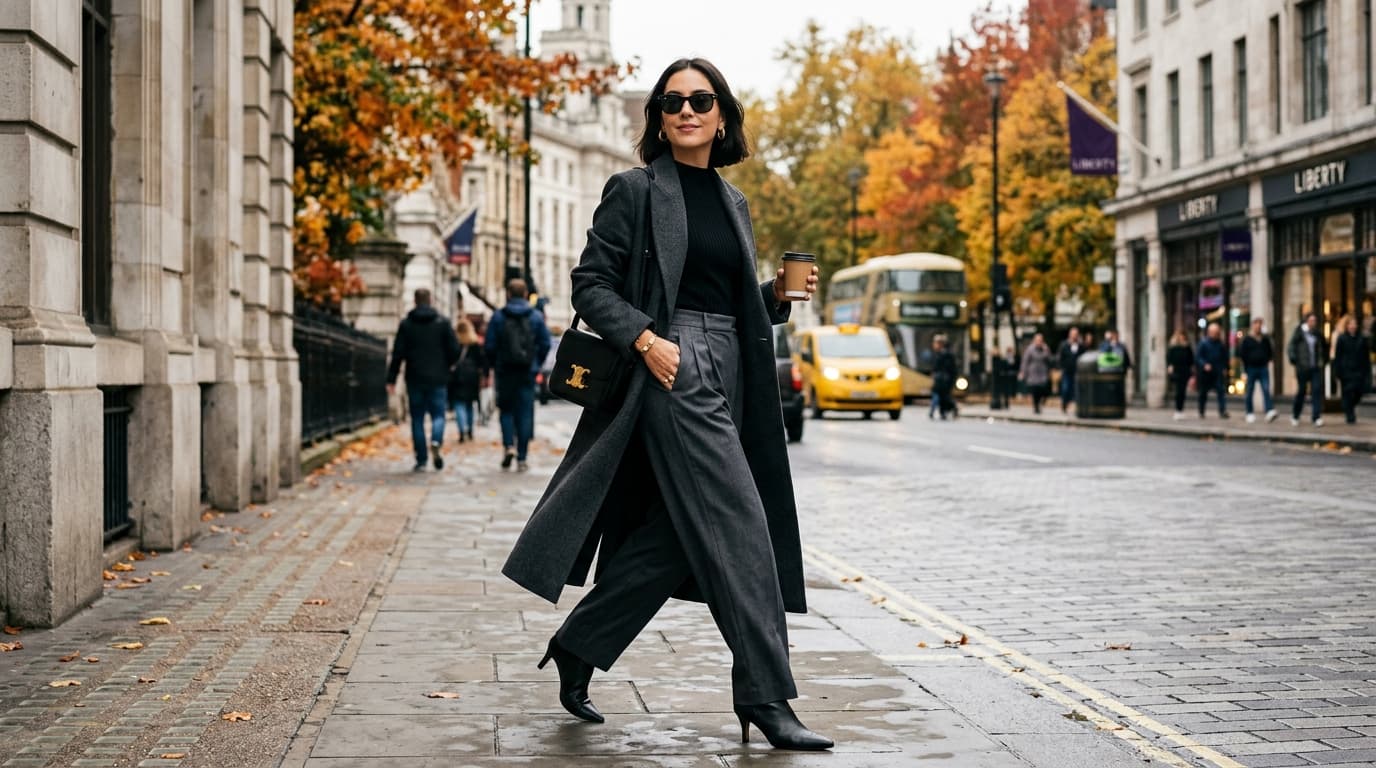 Stylish woman walking in an autumn city wearing high-waisted pleated wide-leg trousers and tailored coat
