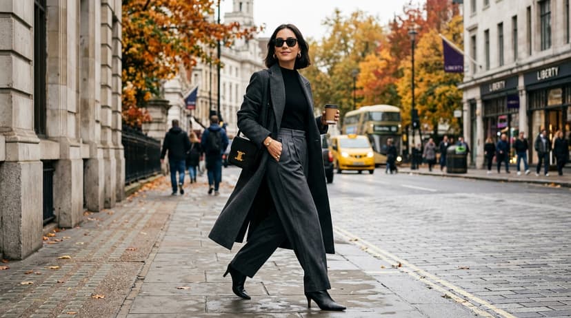 Stylish woman walking in an autumn city wearing high-waisted pleated wide-leg trousers and tailored coat