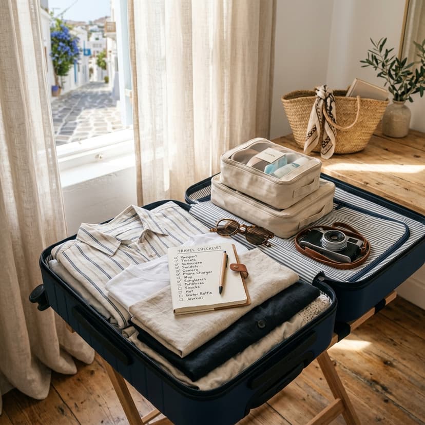 Suitcase packed with clothes and a checklist