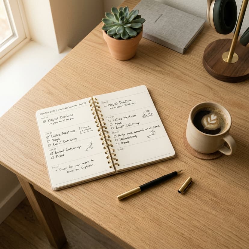Top down view of a planner and coffee on a wooden desk