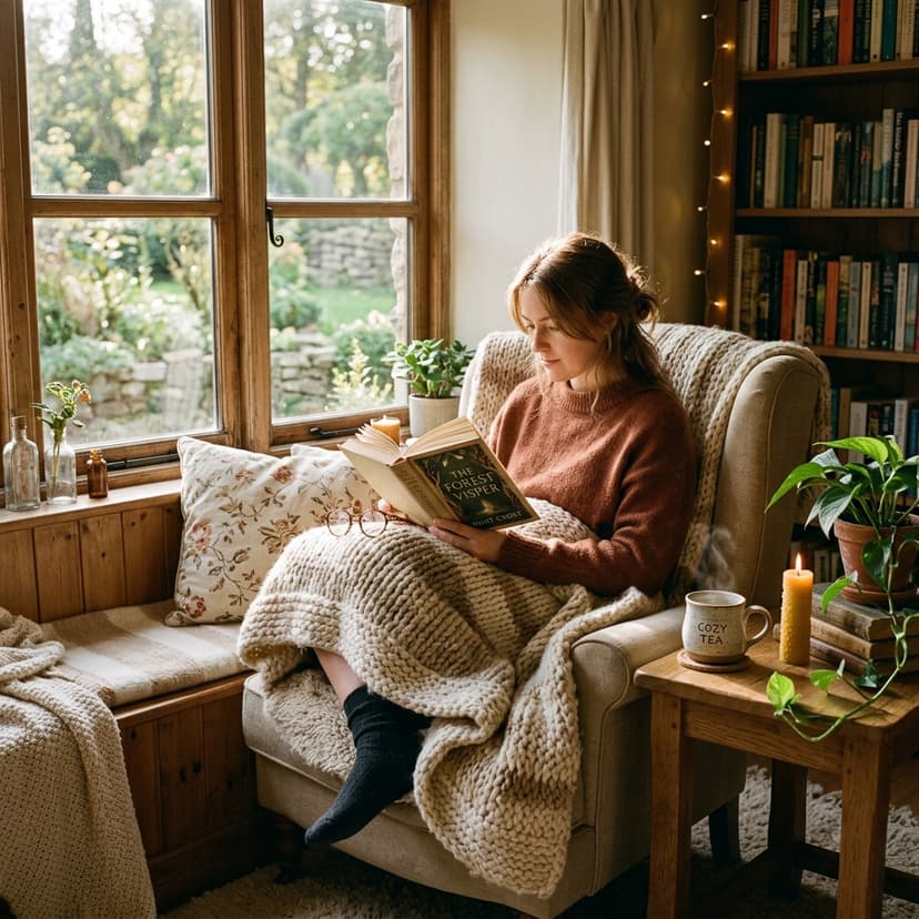 Woman reading a book in a cozy nook by the window