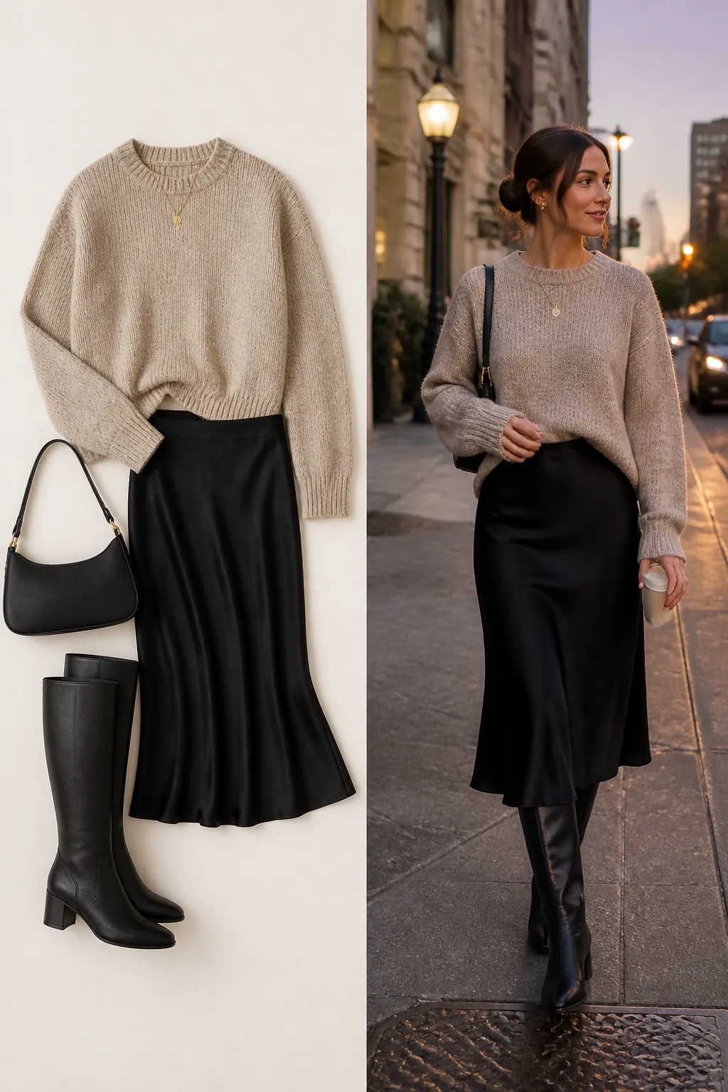Sweater and slip skirt evening fall outfit