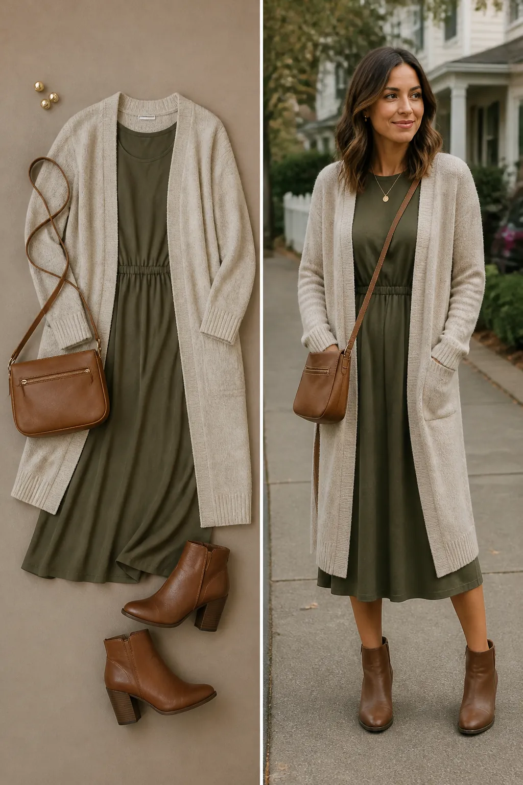 Cardigan and dress errand fall outfit