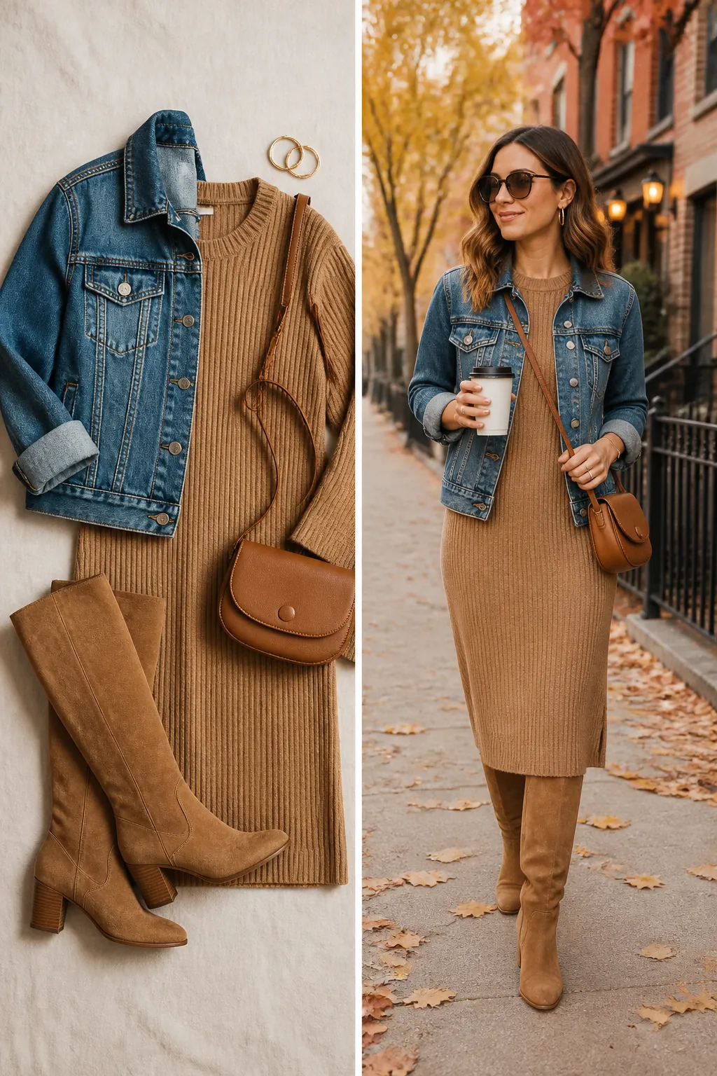 Denim jacket sweater dress fall outfit