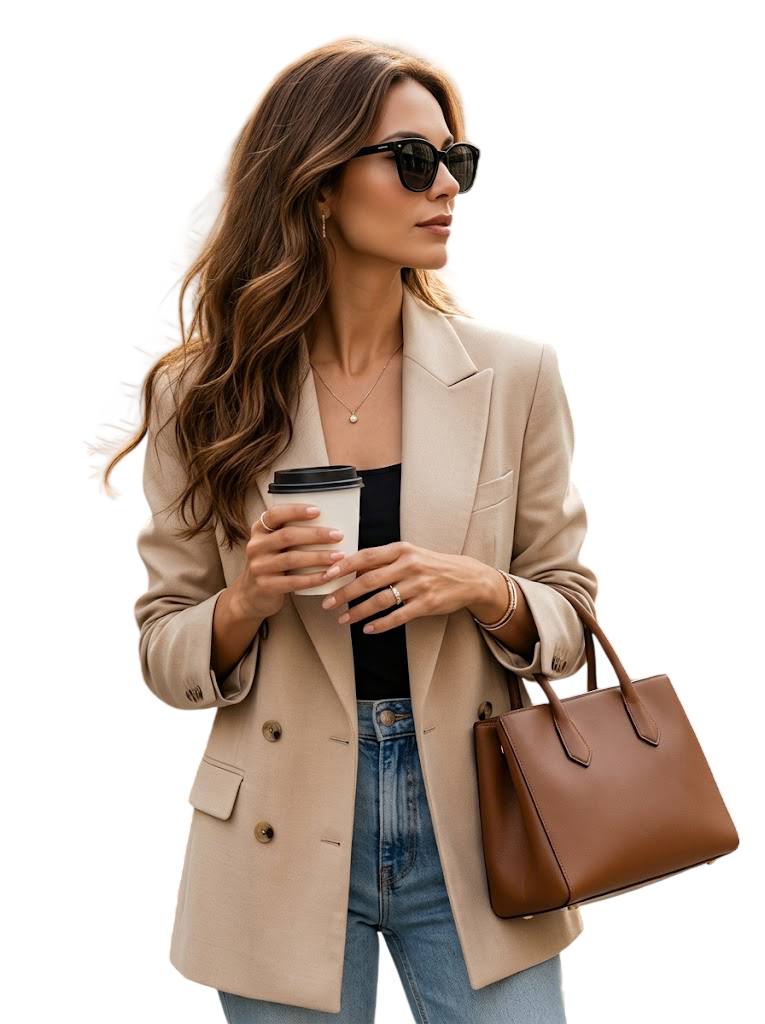 Woman in a beige blazer holding coffee